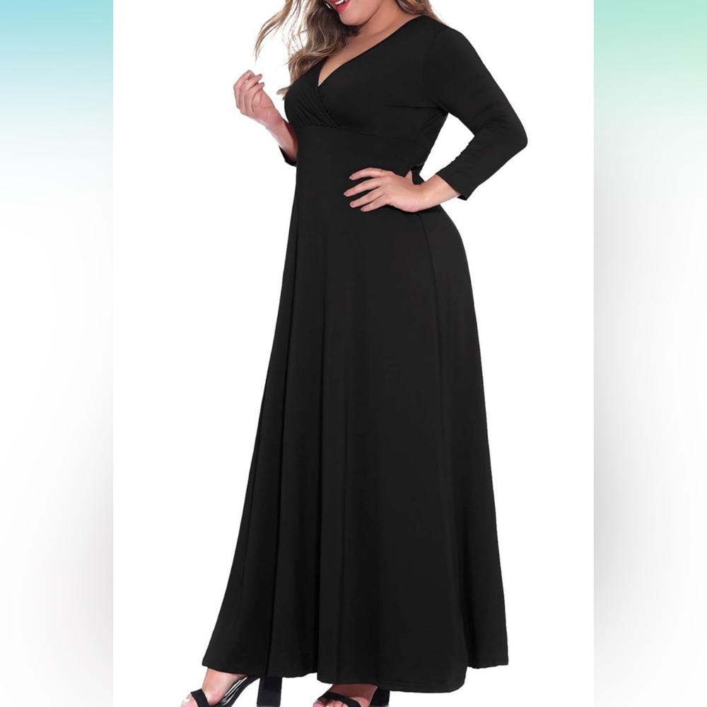 Women's Solid V-Neck 3/4 Sleeve Plus Size Evening Party Maxi Dress - Picture 3 of 4